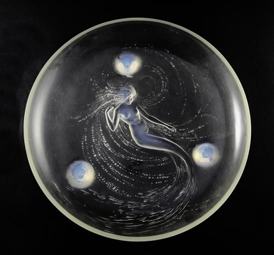 A René Lalique Sirene opalescent glass dish (Coupe Trepied), 36.5cm